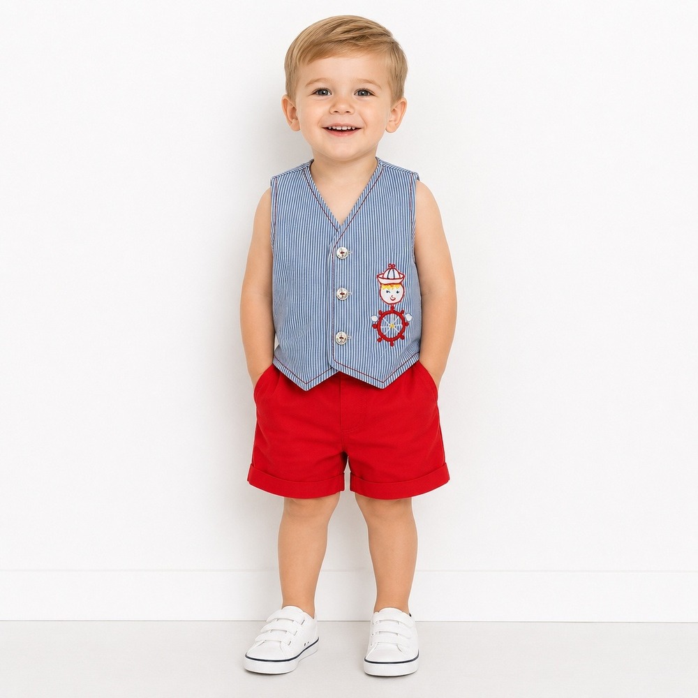 Vintage Kids Vest Blue White Nautical Seersucker Embroidered Sailor‎ 2T